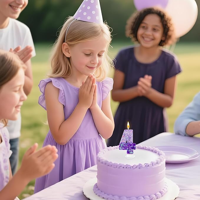 Purple Sequin Birthday Candles, Cake Number Candles, Girls 0th Birthday Decorations, Suitable for Birthday Parties, Anniversary Party Decorations(4)