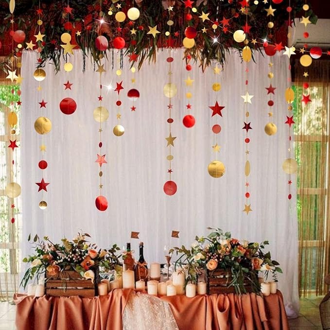 Cheerland Maroon and Gold Party Decorations Red Gold Scarlet Star Circle Garland Hanging Dots Streamer Red Decorations for Chinese New Year Graduation Birthday Anniversary Wedding Bridal Shower Party