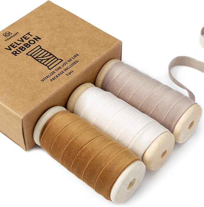 Vitalizart Velvet Ribbon Nude Ivory Set 3/8" x 15 Yd Wooden Spool Fabric Trim 3 Rolls * 5 Yd for Christmas Wreath Decoration Handmade Craft Ornaments Gift Wrapping & Bow Making