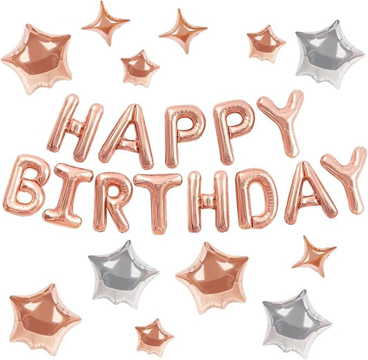 CANREVEL Happy Birthday Banner 13pcs 16 Inch Mylar Foil Letters with 12pcs Star Balloons Birthday Party Decorations for Kids and Adults - 3D Rose Gold