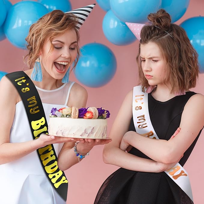 2 Pcs It's My Birthday Sash with Gold Foil - Happy Birthday Sash for Women Girls Men Boys, Birthday Girl Sash, Cheers to Bday Decorations Supplies(Black & White, Rose Gold)