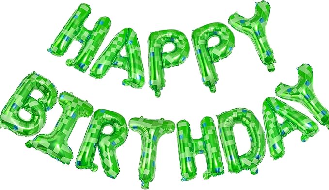 CANREVEL Happy Birthday Banner 13pcs 16 Inch Mylar Foil Letters Sign Balloons Green Pixel Miner Theme Birthday Party Decorations for Kids and Adults