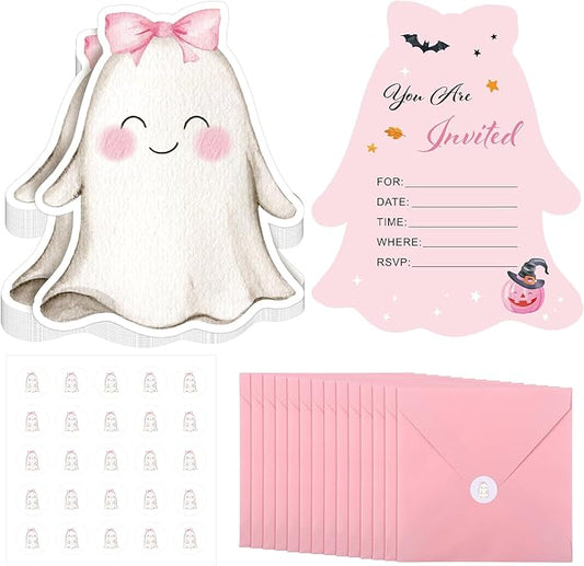 25 Set Halloween Invitation Cards Pink Happy Boo Day Birthday Invitation Paper Card with Envelope and Sticker Halloween Birthday Invites Party Supplies for Baby Shower Girls Dinner Favors, 5 x 6 Inch