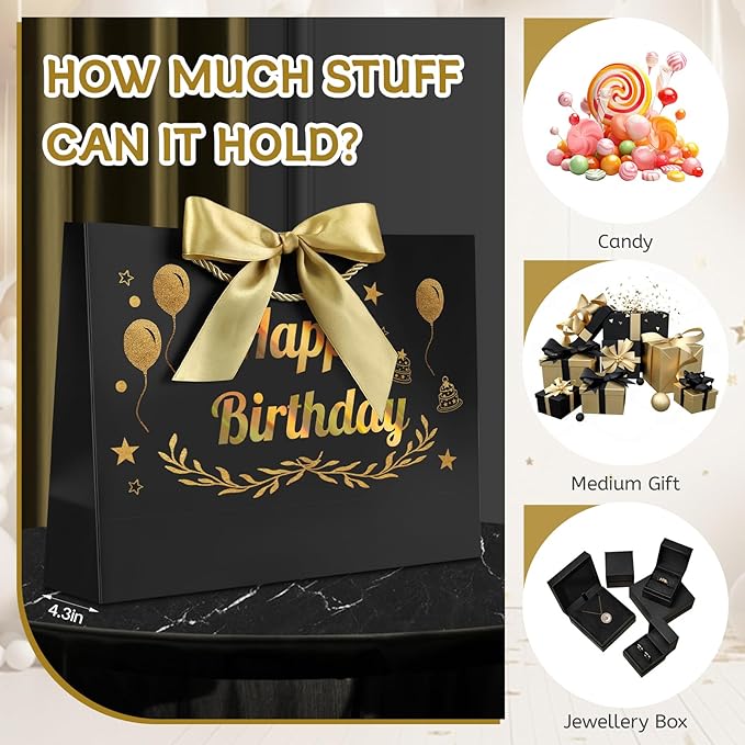 JMANNI Black Gold Happy Birthday Gift Bag with Card and Tissue Paper, 12.6"×9.84"×3.9" Elegant Present Bag for Men Women, Year Old Birthday Keepsake Party Supplies