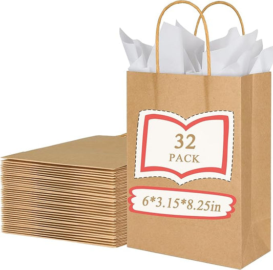 BLEWINDZ 32Pcs 6x3.15x8.25 Inch Gift Bags with Tissues - Small Kraft Brown Paper Goodie Bags Bulk for Birthday Party Favors Grocery Shopping Retail Business