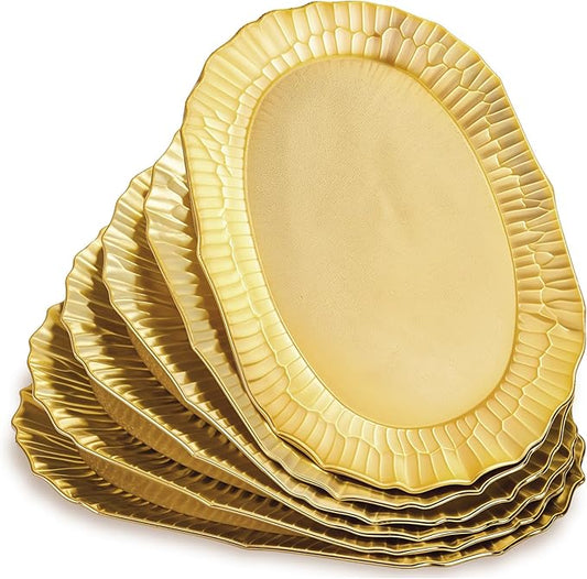 Lemecima 6 Pack Plastic Serving Tray, Gold Serving Platter Set, Reusable Party Snack Serving Tray, Decorative Food Appetizer Platters for Dessert Table, Cupcake, Charcuterie, Cookies, 14" x 8.5"