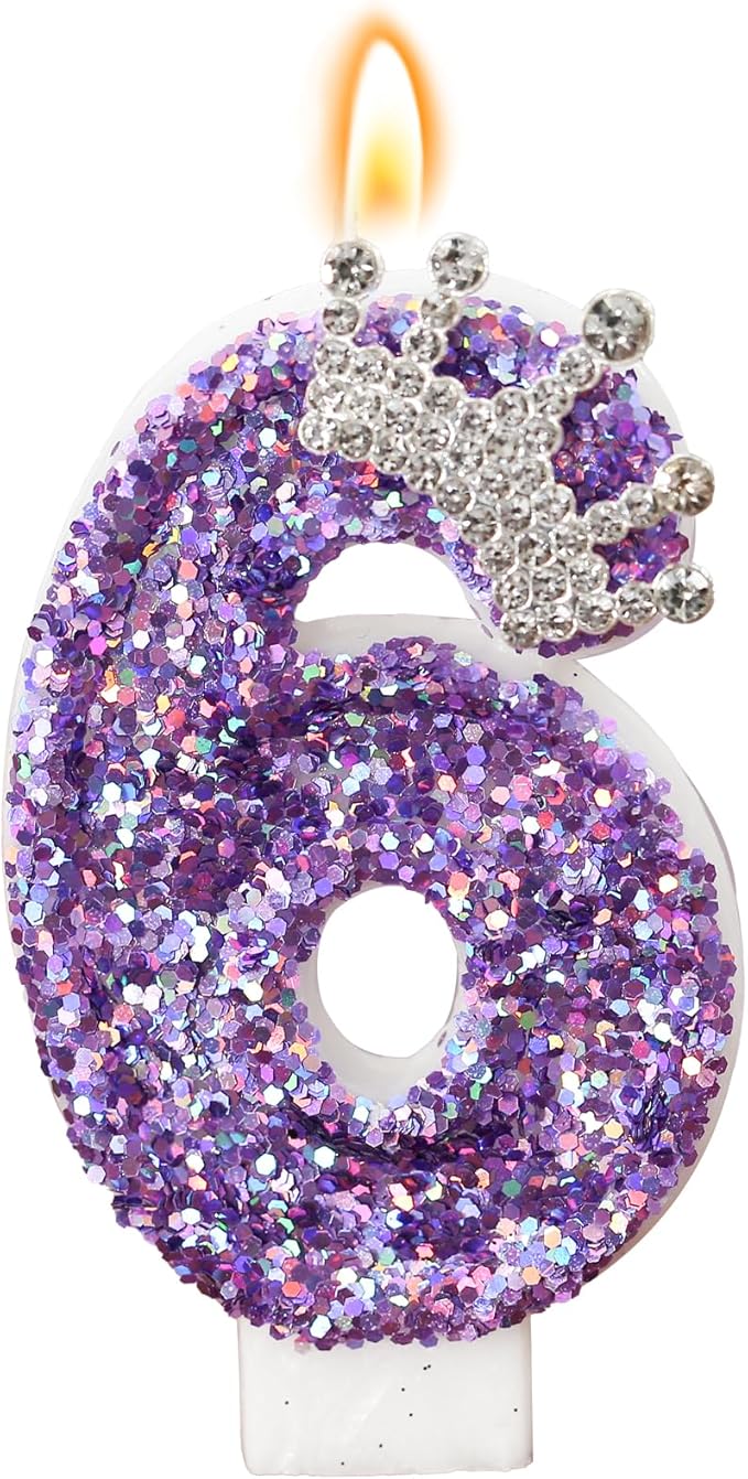 Birthday Number Candles,Purple Crown Birthday Candles for Cake,Glitter Number 6 Candle Cake Topper with Sequins for Anniversary Celebrations Supplies (Number 6)