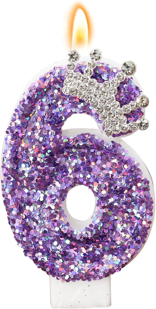 Birthday Number Candles,Purple Crown Birthday Candles for Cake,Glitter Number 6 Candle Cake Topper with Sequins for Anniversary Celebrations Supplies (Number 6)