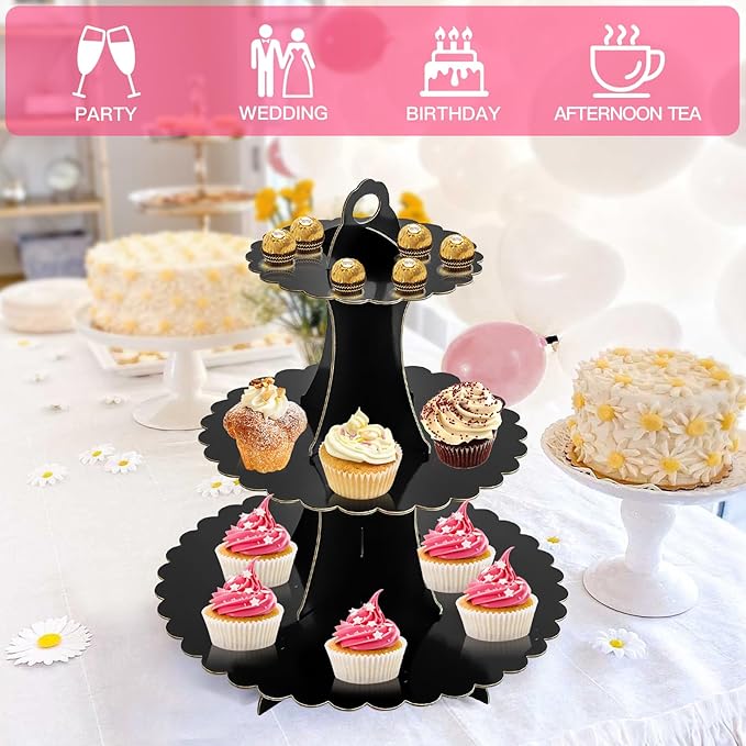 Soleebee 3-Tier Cupcake Stand, Cardboard Cupcake Tower, Dessert Cup Cake Stand Tower for Birthday Wedding Party Decoration, Cupcake Tier Stand 2 Set (Black)