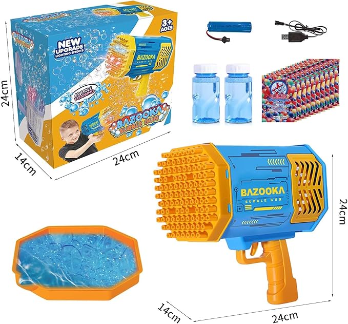 Bubble Gun Bazooka Machine with Solution - 69 Holes Blaster for Outdoor Summer Toy, Party Favors - Blue Easter Bubble Maker Blowers for Kids