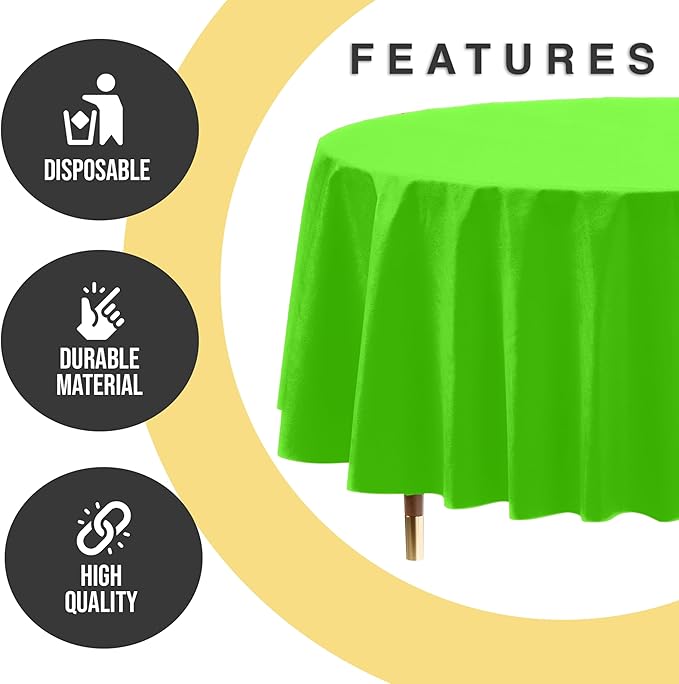Exquisite 66% Thicker Premium Lime Green Round Tablecloth 0.5 Mil 12 Pack Plastic Table Cloth Disposable 84 Inch Round Plastic Tablecloth Won't Tear Easily Like Cheap Thin Brands