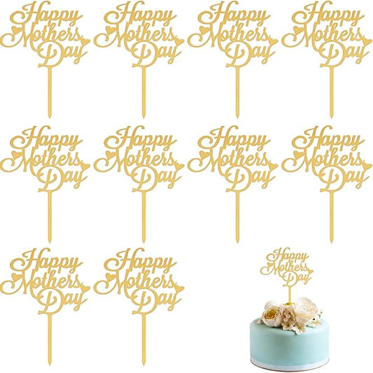 Mother's Day Cake Topper, 10pcs Acrylic Happy Mother's Day Cupcake Topper for Birthday Party Decoration Supplies (Gold)