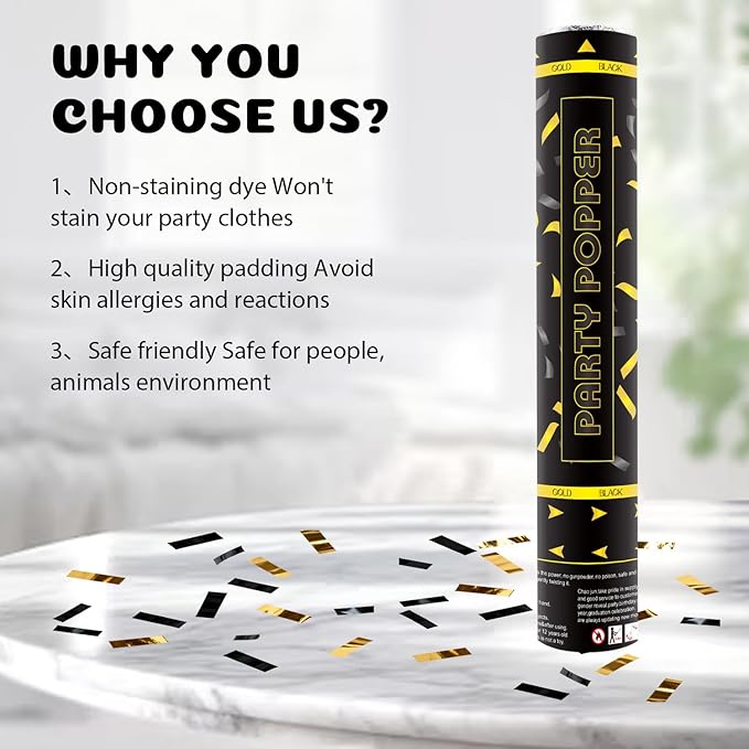 Confetti Poppers 12 Pack Confetti Cannon Black and Gold Party Confetti 12 inch Metallic Foil Golden Black Confetti Party Poppers Confetti Shooters for Birthday Wedding Graduation Christmas New Year
