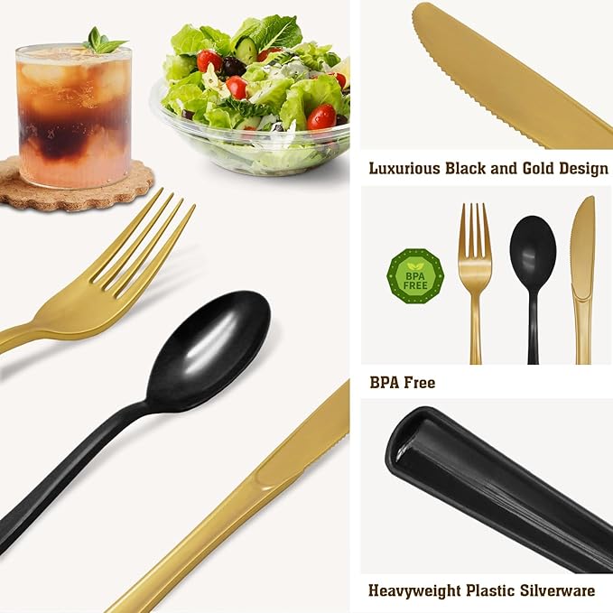 150 PCS Black and Gold Plastic Silverware Heavy Duty Black and Gold Plastic Cutlery Tableware Sets Includes Spoons Forks Knives for Birthday, 2026 Graduation Party