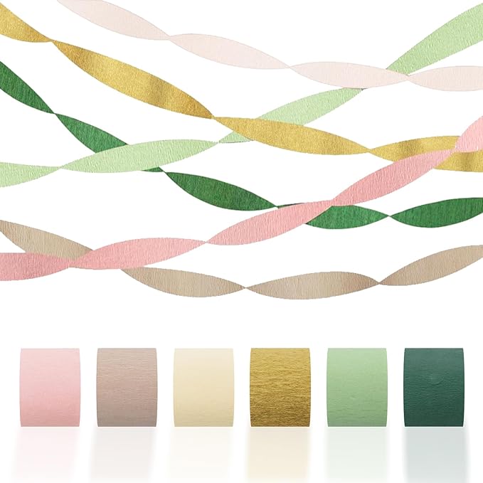 Crepe Paper Streamers Party Decorations - 6 Rolls Grass Green Gold Pink Olive Green Beige Khaki Streamers, Crepe Paper Rolls for Birthday Wedding Party