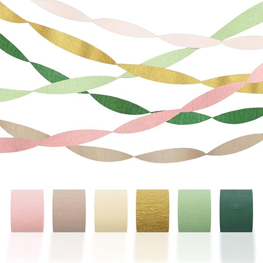 Crepe Paper Streamers Party Decorations - 6 Rolls Grass Green Gold Pink Olive Green Beige Khaki Streamers, Crepe Paper Rolls for Birthday Wedding Party