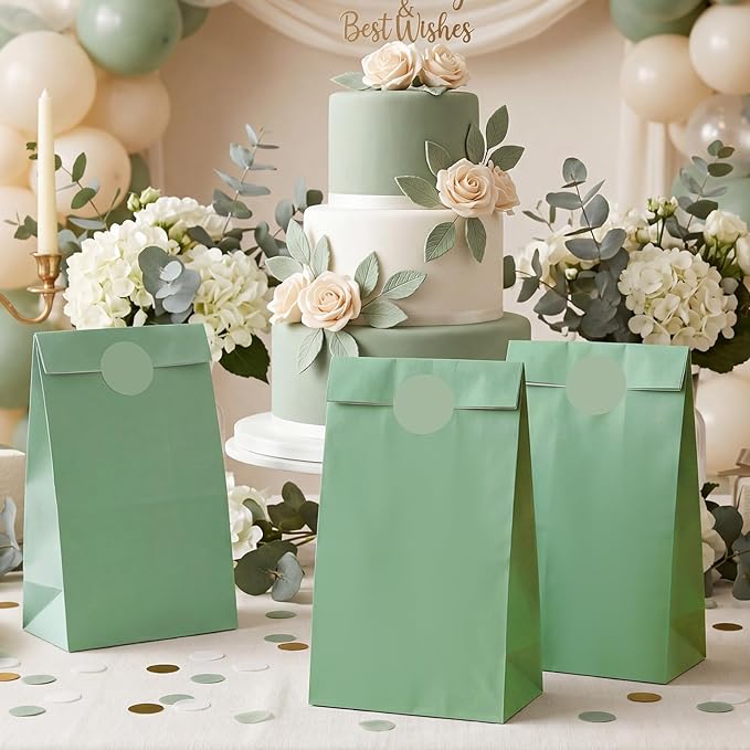 woric 36PCS Sage Green Party Favor Bags with Stickers Small Paper Gift Bags Self Stand Goodie Bag for Kids, Baby Shower, Wedding Birthday Party Favor Supplies