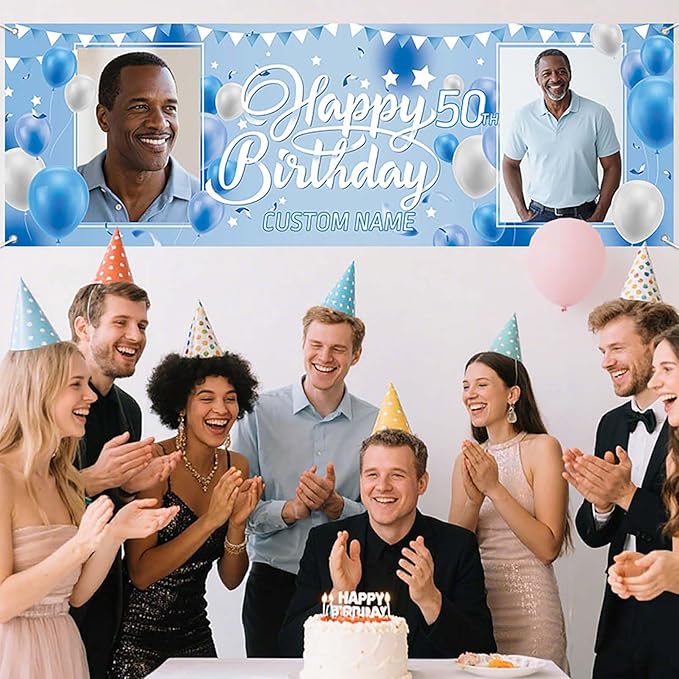 Dicodes Personalized Happy Birthday Banner with Name Custom Photos Birthday Photography Background Decorations Party Supplies for Women Men (Blue and White-2 Photo)