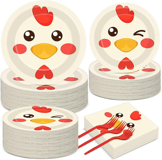 gisgfim 50 Guests Chicken Party Decorations Chicken Plates and Napkins Chicken Party Decoration For Birthday Party Plates Tableware Set Chicken Theme Party Paper Plates Napkins Forks 200 PCS