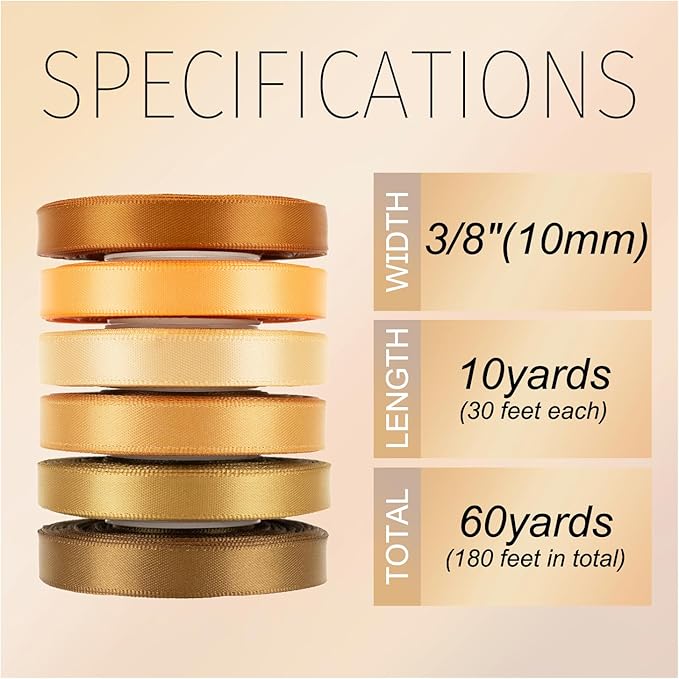 Gold Ribbon Thin 3/8 Inch x 60Yards Golden Brown, Copper, Champagne, Assorted Double Faced Gold Silk Satin Ribbon for Gift Wrapping, Flower Bouquet, Wedding, Bridal Shower, Christmas, Bows & Crafts