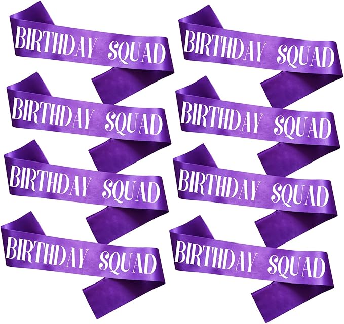 8PCS Birthday Squad Sashes, Purple Birthday Sash Set for Women or Me Funny 16th 18th 21st 30th 40th 50th or Other Bday Party Favors Decorations
