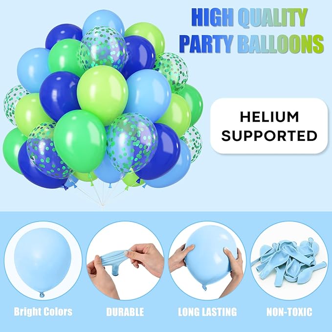 Blue Green Balloons 12 Inch Royal Blue Fruit Light Green Confetti Balloon with Ribbons for Boys Birthday Party Football Video Game Jungle Safari Themed Decoration
