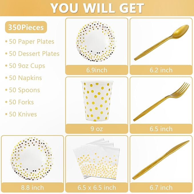 350PCS Gold Party Supplies for 50 Guests, Disposable Party Decorations Dinnerware Paper Plates Cups Napkins Gold Plastic Forks Knives Spoons for Wedding Birthday Graduation