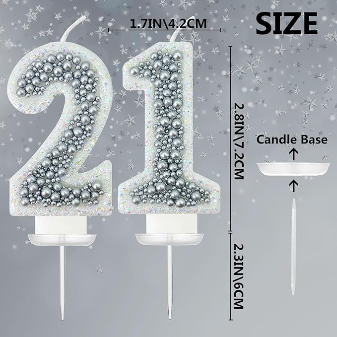 21 Birthday Number Candle for Cake, Glitter Number Candle with Silver Beads, Decorative Cake Topper for Milestone Celebrations