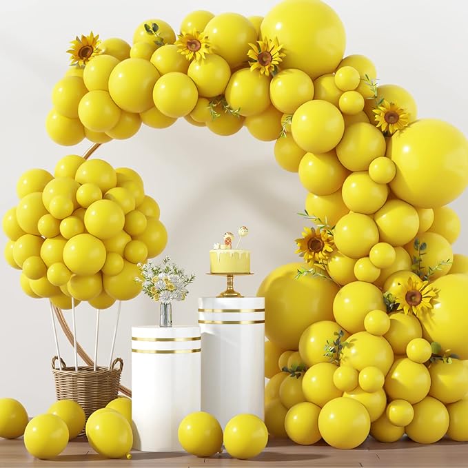 RUBFAC 129pcs Yellow Balloons Different Sizes 18 12 10 5 Inch Latex Balloon Garland Arch Kit for Masquerade Party Decoration Gender Reveal Graduation Anniversary Baby Shower Party Supplies