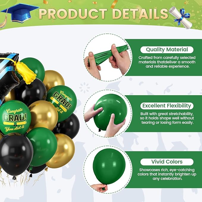 Green Black Graduation Balloons, Dark Green Gold Black Balloons with Cap Foil Grad Printed Balloon for Class of 2026 Graduation Decorations Celebration Party