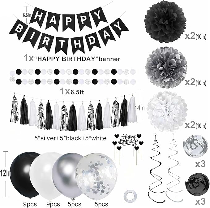 YGYXMY Birthday Decorations for Men, Black and Silver Party Decorations, Black and White Party Supplies - Banner, Balloons, Tissue Pompoms, Swirls, Tassels Garland