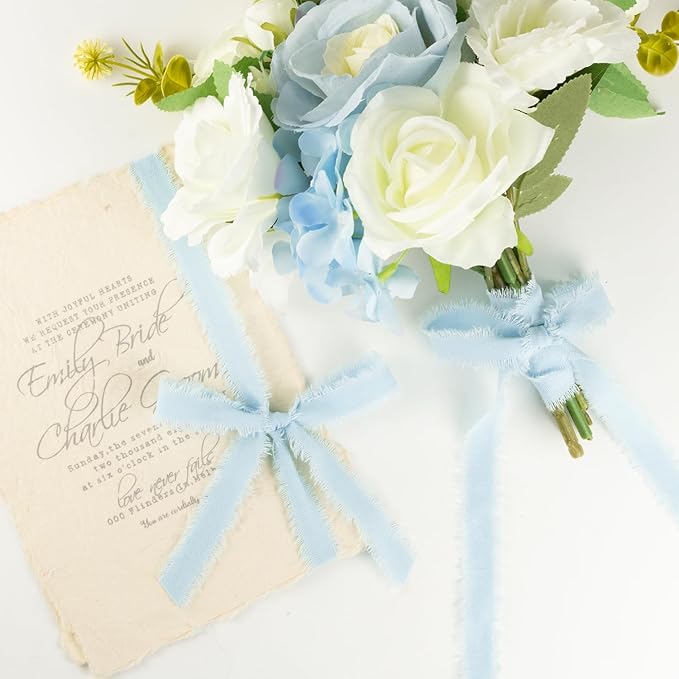 Baby Blue Cotton Ribbon 5/8 Inch Baby Blue 3 Rolls 21 Yards Frayed Edge Fabric Set for Baby Shower, Wedding Invitations, Nursery Decor, Christening & First Birthday Party