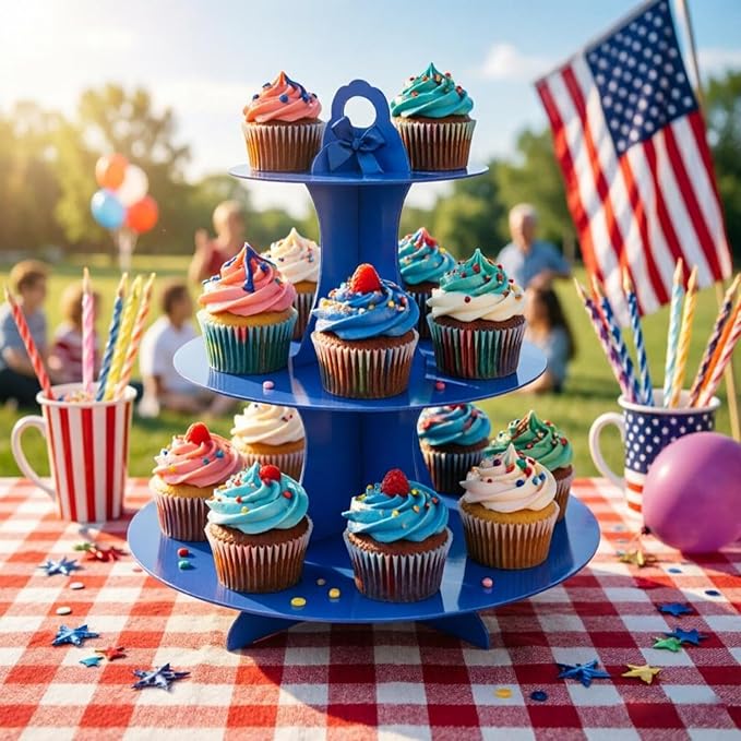 YLDW Cupcake Stand, 3-Tier Cupcake Stand Display, Cardboard Cup Cake Tower Stand, Disposable Dessert Stand for Birthday Tea Party Baby Shower Treat Decorations, Blue