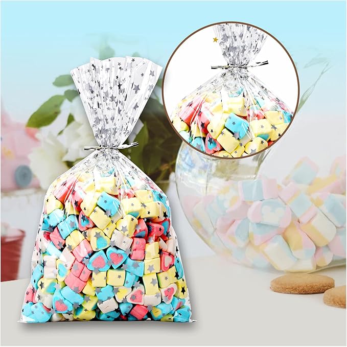 100Pcs 6×10 Inch Silver Star Clear Cellophane Treat Bags, Plastic Candy Bags with 100 Silver Twist Ties, for Cookies, Bakery, Party Favors, Gift Wrapping, Wedding & Holiday Use