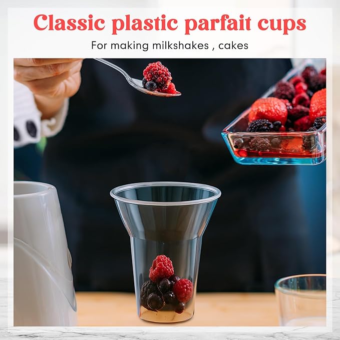 Baderke 100 Sets Plastic Parfait Cups with Red Plastic Soda Spoons and Paper Straws Disposable Root Beer Float Cups Clear Milkshake Mugs for Ice Cream Sundae Yogurt Party Drinks (12oz)