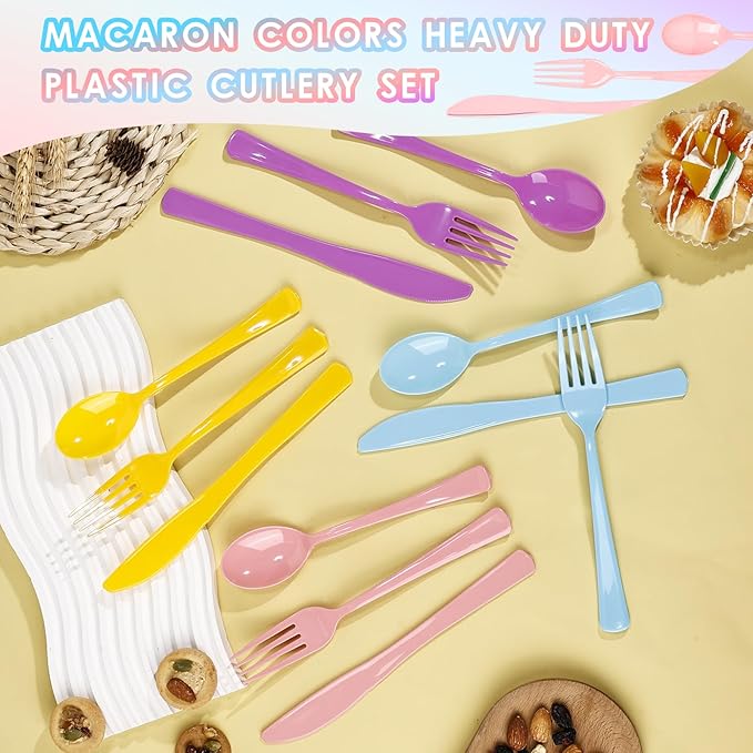 300 Pack Pastel Pink Blue Purple Yellow Disposable Plastic Silverware Heavy Duty, Plastic Cutlery Set, Forks and Spoons Knives Set for Easter Birthday Party Prom Night, Weddings, (Macaron Colors)