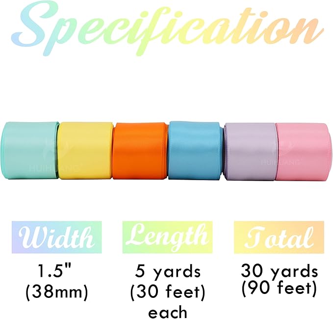 HUIHUANG Double Faced Satin Ribbon Assorted 1.5 inch Pastel Color Ribbons