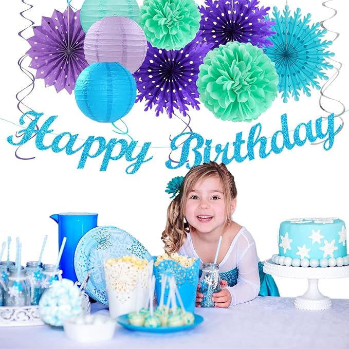 Winter-Wonderland Christmas-Snowflake Frozen Birthday Party-Decorations - 21pcs Happy Banner,Blue Purple Teal Paper Lanterns Honeycomb Streamers,Tissue Pom Poms Flower Fan,Hanging Decor Huglony