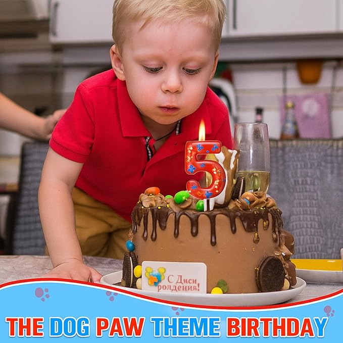 Conelist Number 5 Dog Paw Birthday Candles Dog Toppers Candles Blue Yellow and Red Numeral Birthday Cake Topper for 5 Year Old Boy Girl Paw Party Decoration Party Supplies