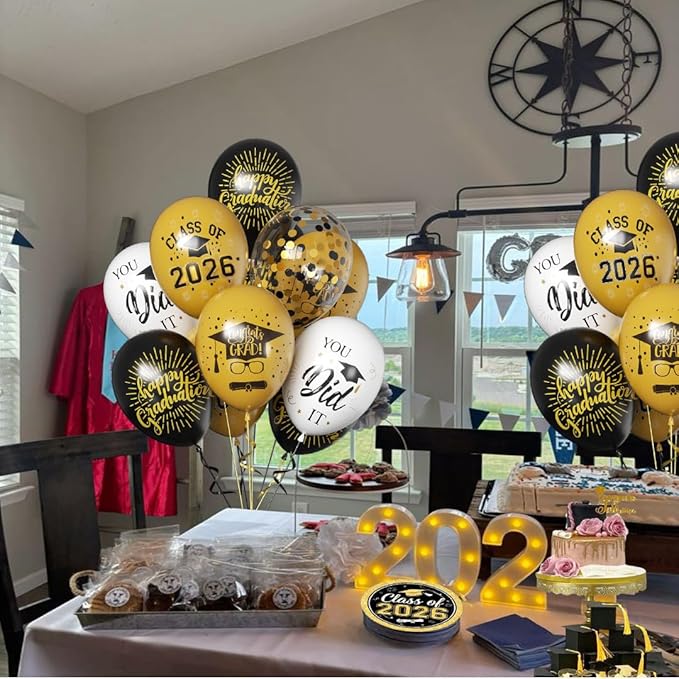 50 Pack Graduation Party Decorations Balloons Set - 12 Inch Graduation Balloons 2026 Black Gold Grad Balloon for Grad Party Decoration Supplies