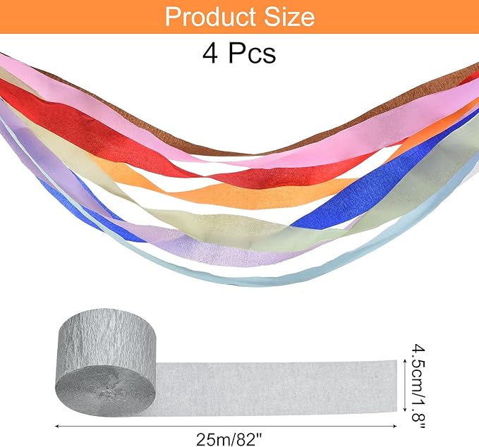 Crepe Paper Roll, 4 Rolls 328ft Silvery Crepe Paper Streamers, [for Party Streamer Decorations] - (1.8 Inch x 82 ft/Roll)