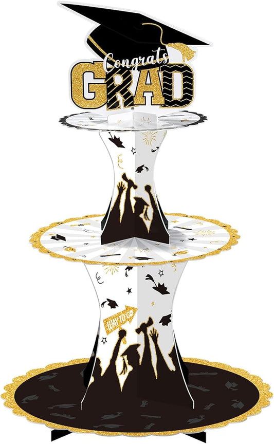 Nuenen Graduation Cupcake Holder Decoration 3 Tier Congrats Grad Party Cupcake Stand Tower Cardboard Grad Theme Dessert Stand for Graduation Party Supplies Favors(Black and Gold)