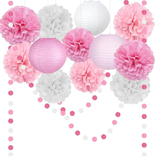 14 Pcs Pink Party Decorations Kit - Tissue Pom Poms, Lanterns & Polka Dot Garland for Girls Birthday, Baby Shower, Bachelorette, Princess Theme, Bridal Shower, Valentine's & Mother's Day