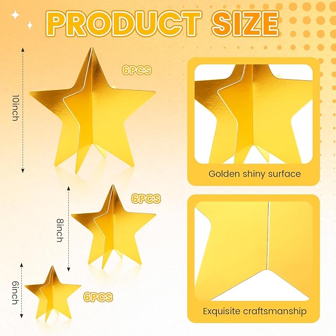 AmazingSpark 18 Pcs Large Star Centerpieces Gold 3D Star Table Decorations in 3 Sizes 10" 8" 6" for Birthday Party Baby Shower Gathering Carnival Ceremony Graduation Movie Night Supplies (Gold)
