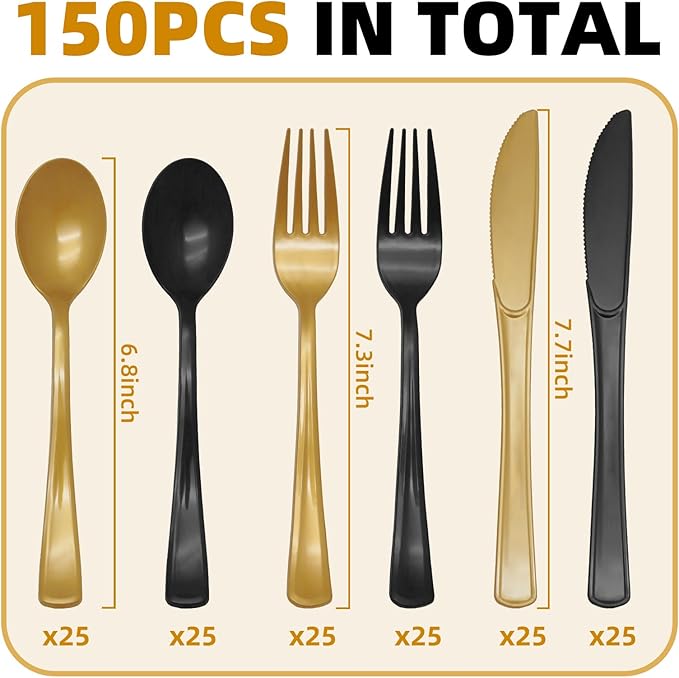 150 PCS Black and Gold Plastic Silverware Heavy Duty Black and Gold Plastic Cutlery Tableware Sets Includes Spoons Forks Knives for Birthday, 2026 Graduation Party
