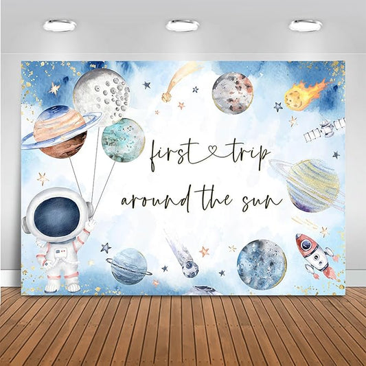 Mocsicka First Trip Around The Sun Backdrop Outer Space 1st Birthday Party Decorations Banner for Boys Kids Galaxy Planets Rocket First Birthday Photography Background (White, 10x7ft(120"x82"))