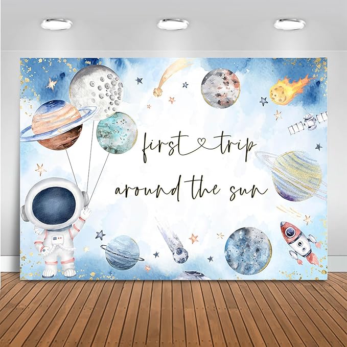 Mocsicka First Trip Around The Sun Backdrop Outer Space 1st Birthday Party Decorations Banner for Boys Kids Galaxy Planets Rocket First Birthday Photography Background (White, 8x6ft(96"x72"))