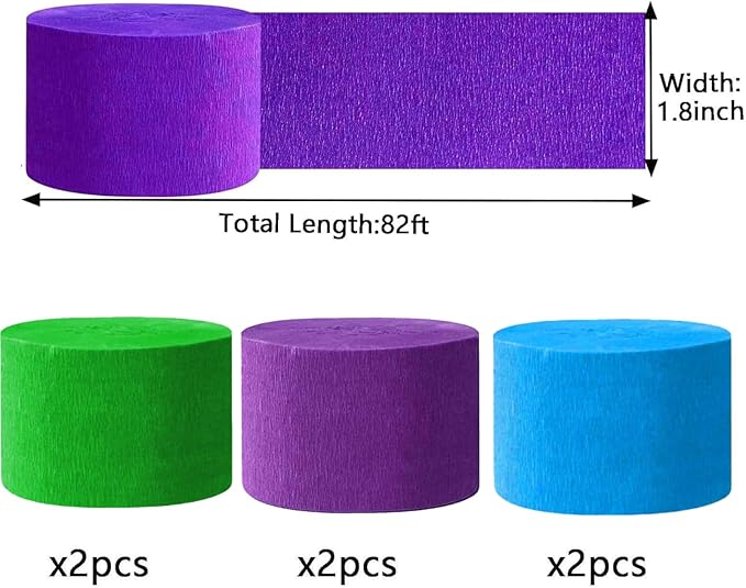 Blue Green and Purple Crepe Paper Streamers-6 Rolls Party Streamers for Blue Green and Purple Birthday Party Decorations