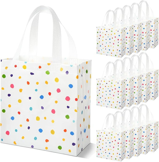 Sweetude 16 Pcs Colorful Dots Gift Bag with Handles Party Favors Non Woven Reusable Tote for Women Wedding Birthday Baby Shower Mothers Day Party Decorations(Colorful, Dots)