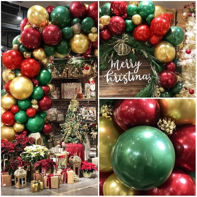 Christmas Balloon Garland, Double Stuffed Dark Emerald Green Red Balloons Burgundy Gold Balloon Garland Kit for Christmas New Year Holiday Birthday Baby Shower Xmas Party Decorations